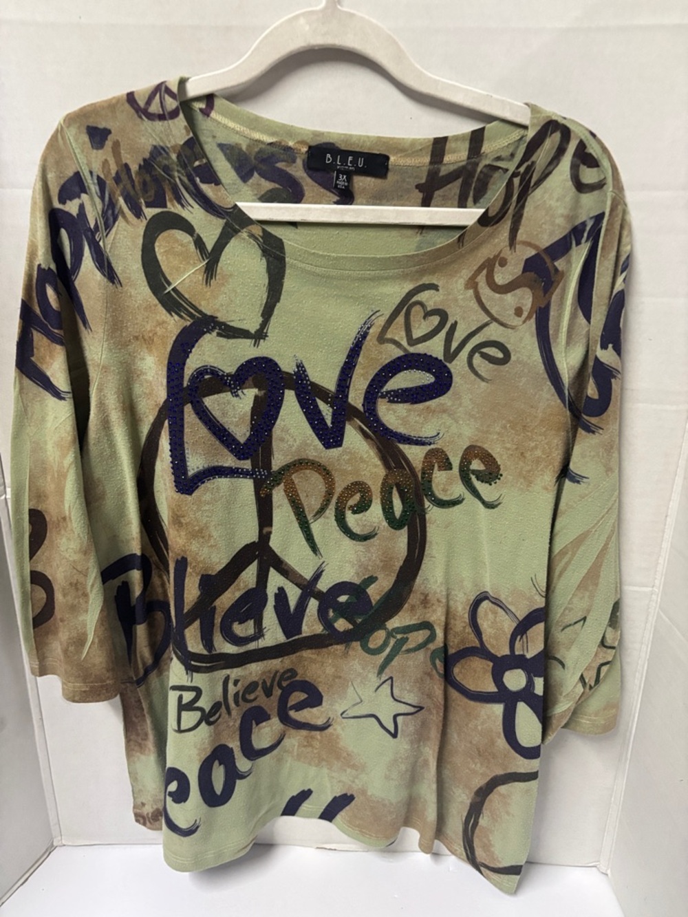 B.L.E.U.  Vintage Sage Green 'Love Peace' Graphic Long-Sleeve Top